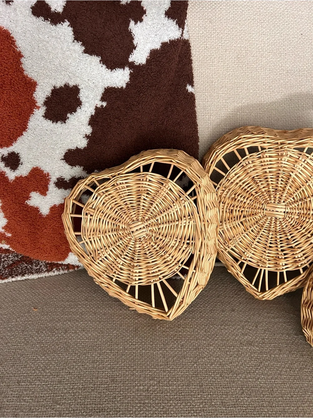 Natural Woven Heart Nesting Basket Trio - Light Brown Boho Home Decor